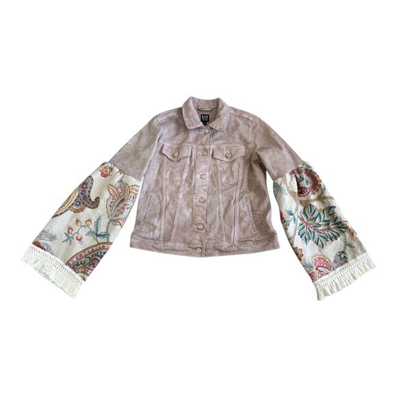 Upcycled Dyed Denim Jacket Tapestry Sleeves Crochet Fringes Doily Boho Western - Picture 6 of 14